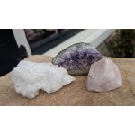 Speciale  Magical Trio of Gouden Driehoek  in de kleine maat met  Amethist,  Marokkaans Bergkristal en Rozekwarts extra zuivere kwaliteit