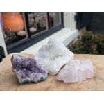 Magical Trio of Gouden Driehoek  Amethist- Rozekwarts-Bergkristal '  klein met helder donkerpaarse Amethist