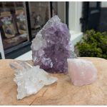 Super  Magical Trio Amethist- Rozekwarts-Bergkristal ' of 'Gouden Driehoek'  met extra zuiver Bergkristal , Amethist uruguai freeform extra