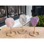 Super ruw en zuiver Magical Trio Amethist - Rozekwarts-Bergkristal ' of 'Gouden Driehoek'  klein op standaard