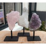 Super kwaliteit Magical Trio of De Gouden Driehoek Amethist Rozekwarts-Bergkristal op standaard