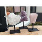 Super kwaliteit Magical Trio of De Gouden Driehoek Amethist Rozekwarts-Bergkristal op standaard