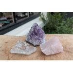 Magical Trio of Gouden Driehoek Amethist- Rozekwarts-Bergkristal  klein en speciaal