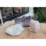 Speciale  Magical Trio of Gouden Driehoek  in de kleine maat met  Amethist,  Spatzuiver Brazilie Bergkristal  en Rozekwarts