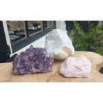 Hele speciale  Magical Trio of Gouden Driehoek  Amethist- Rozekwarts-Bergkristal ' met Amethist  large en Marokkaans Bergkristal