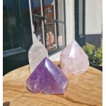 Magical Trio of Gouden Driehoek  Amethist- Rozekwarts-Bergkristal ' in geslepen ruwe punt kristallen medium size, extra natuur en extra helder - nu beschikbaar
