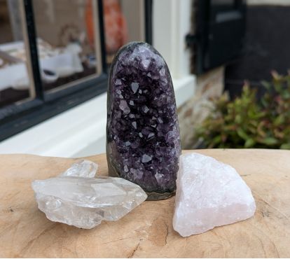 Super ruw Magical trio kleine maat van Amethist in freeform , Rozekwarts en Bergkristal