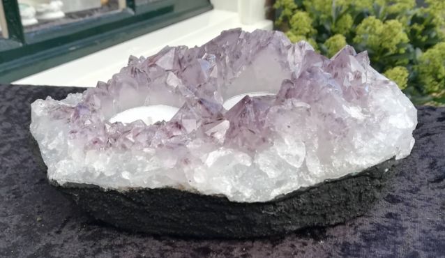 Super Amethist Theelichthouder ruw 2 delig satijnzacht paarse kristallen